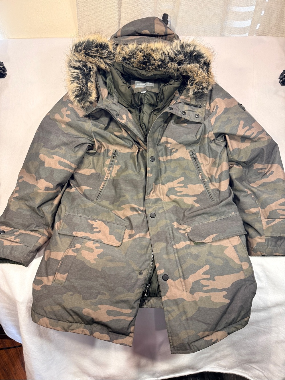 Michael Kors Camouflage Parka Coat with Faux Fur Hood - Olive Camo